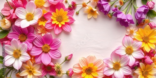 Colorful spring flowers blooming on a textured paper background, blooming, vivid, flowers