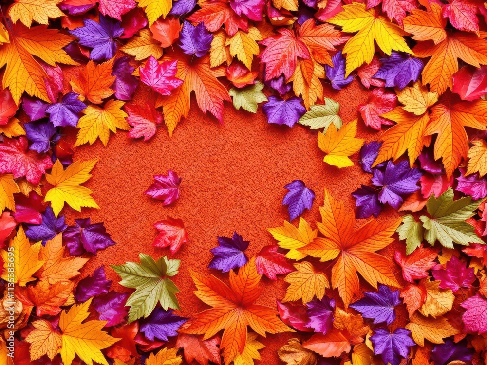 Dry orange metallic leaves arranged in a repetitive pattern on a vibrant violet background, texture, foliage Dry orange metallic leaves arranged in a repetitive pattern on a vibrant violet background, texture, foliage