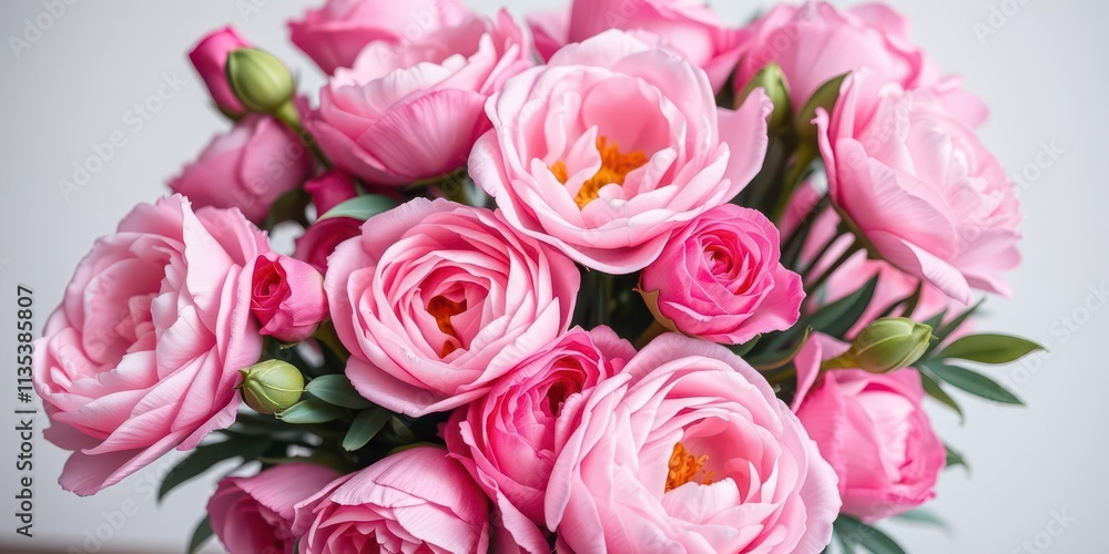Fresh bunch of pink peonies and roses on a white background with copy space, copy space, pink Fresh bunch of pink peonies and roses on a white background with copy space, copy space, pink