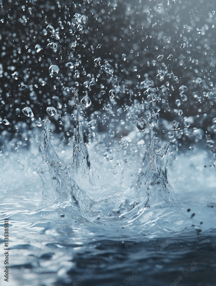 Close-up of a Droplet Falling into Water – Splashes, Suspended Droplets, and Poetic Liquid Movement in Blue and Gray Tones Close-up of a Droplet Falling into Water – Splashes, Suspended Droplets, and Poetic Liquid Movement in Blue and Gray Tones