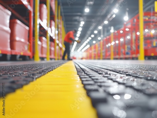 Wallpaper Mural Warehouse interior with a focus on a yellow line and storage shelves. Torontodigital.ca