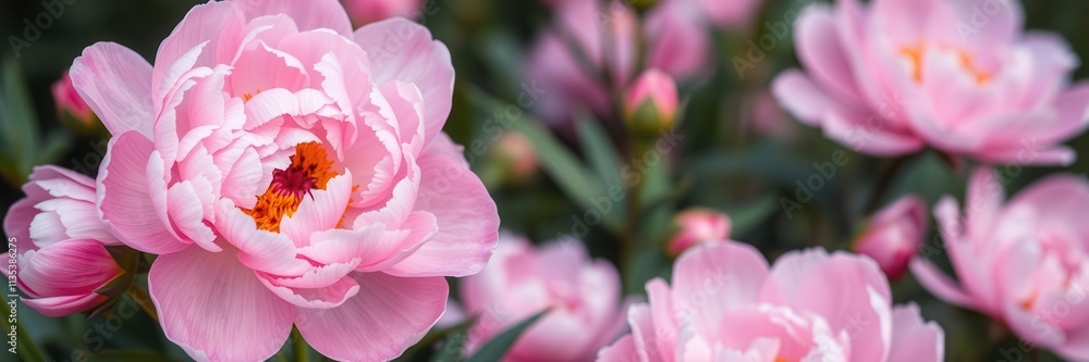 Naklejka premium Pink peony flowers in full bloom creating a beautiful and vibrant background, bloom, peony, summer