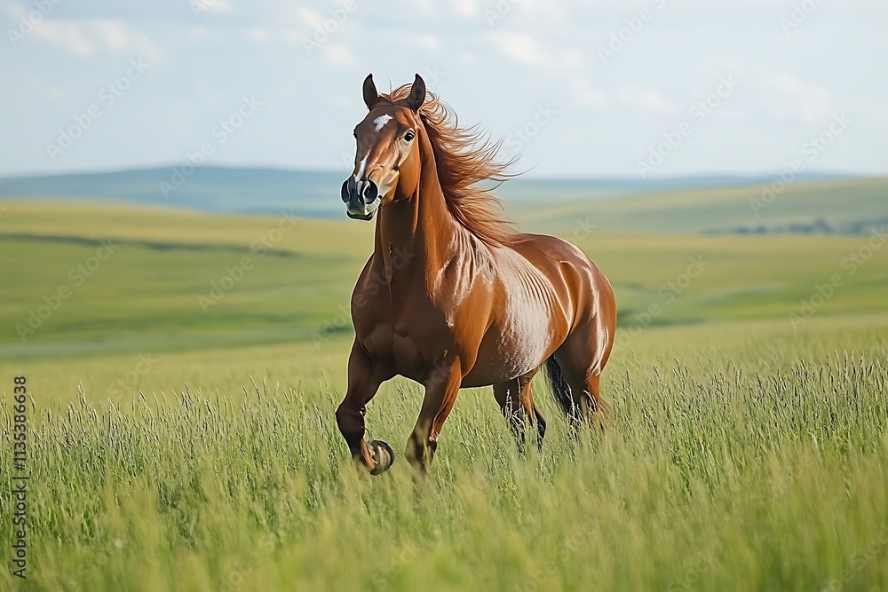 Chestnut mare cantering through bright green pasture mane blowing in the wind vibrant summer landscape Chestnut mare cantering through bright green pasture mane blowing in the wind vibrant summer landscape
