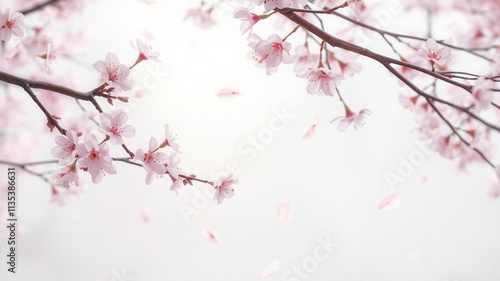 Soft pink sakura petals gently falling against a blurred background, soft, sakura tree, sakura