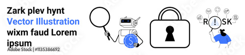 Magnifying glass, robot holding dollar symbol, padlock, and person facing risk icon. Ideal for cybersecurity, risk management, data protection, financial analysis, investigation technology security