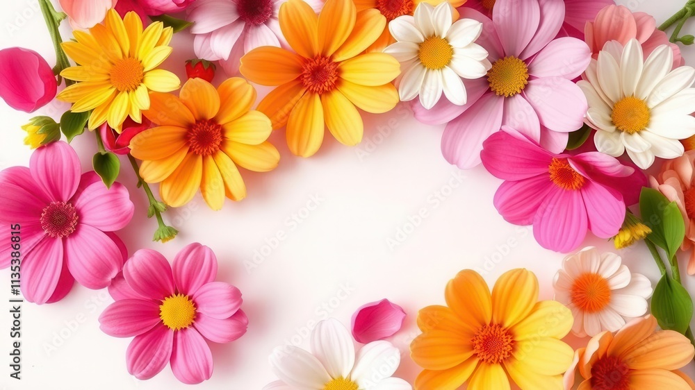 Vibrant spring flowers arranged on a textured paper background, arrangement, background, close-up Vibrant spring flowers arranged on a textured paper background, arrangement, background, close-up