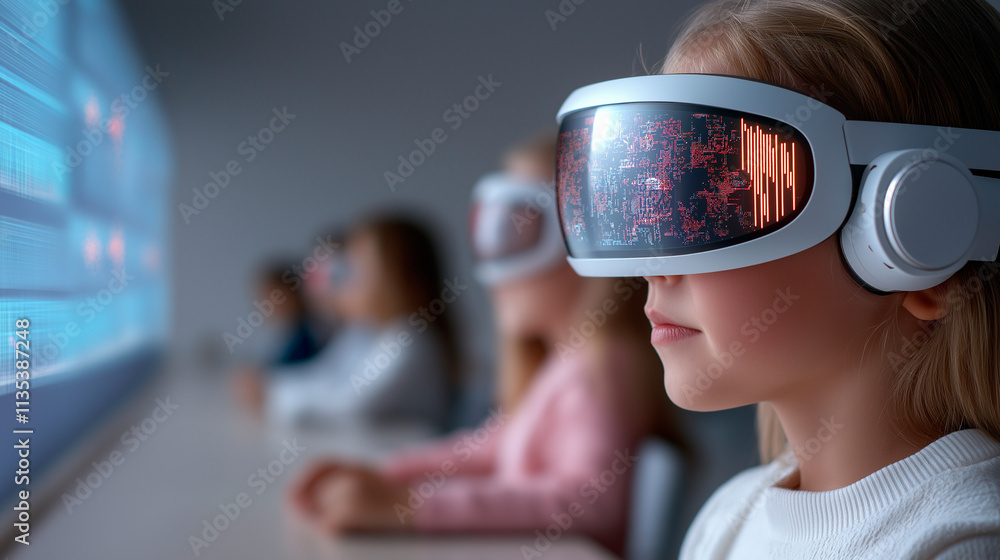 A digital classroom of the future, where students wear augmented reality glasses and interact with holographic displays. A digital classroom of the future, where students wear augmented reality glasses and interact with holographic displays.