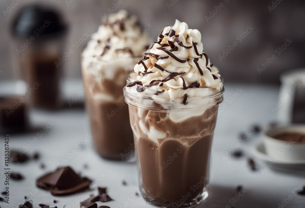 A refreshing iced mocha with whipped cream and chocolate shavings A refreshing iced mocha with whipped cream and chocolate shavings