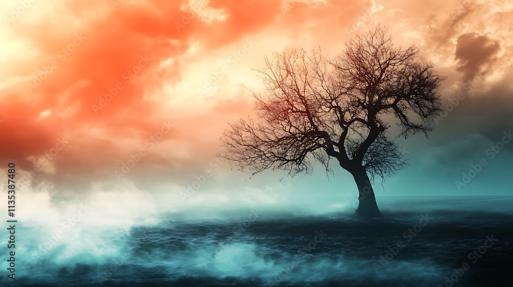 Lonely Tree in Foggy Landscape Lonely Tree in Foggy Landscape
