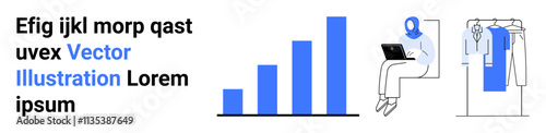 Businesswoman in hijab working on laptop beside a growth chart, illustrating productivity and success. Blue clothing on a rack hinting at fashion. Ideal for business analytics, remote work, fashion