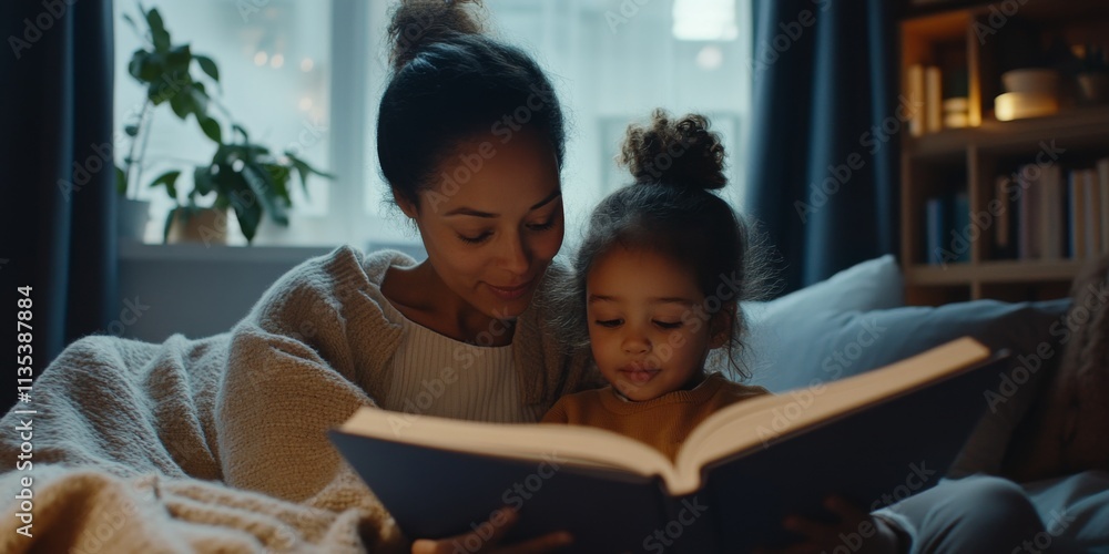 A cozy evening scene with a mother and daughter enjoying storytime. They are snuggled in blankets, surrounded by warm lights. This photo captures love, bonding, and togetherness at home. AI A cozy evening scene with a mother and daughter enjoying storytime. They are snuggled in blankets, surrounded by warm lights. This photo captures love, bonding, and togetherness at home. AI