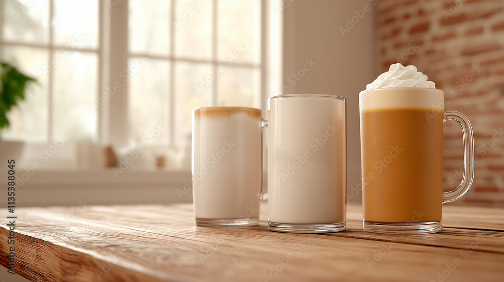 A row of coffee mugs with different coffee on a rustic wooden table. A row of coffee mugs with different coffee on a rustic wooden table.