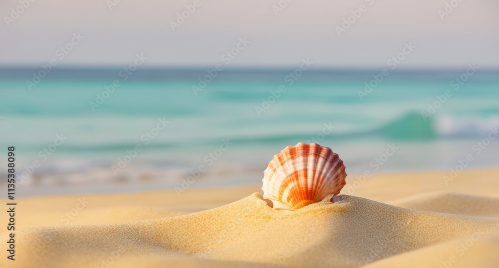 A vibrant seashell scallop is nestled in soft sand, reflecting warm colors as the sun sets. Ocean waves softly lap at the shore, enhancing the peaceful beach atmosphere. Maritime blurred background A vibrant seashell scallop is nestled in soft sand, reflecting warm colors as the sun sets. Ocean waves softly lap at the shore, enhancing the peaceful beach atmosphere. Maritime blurred background