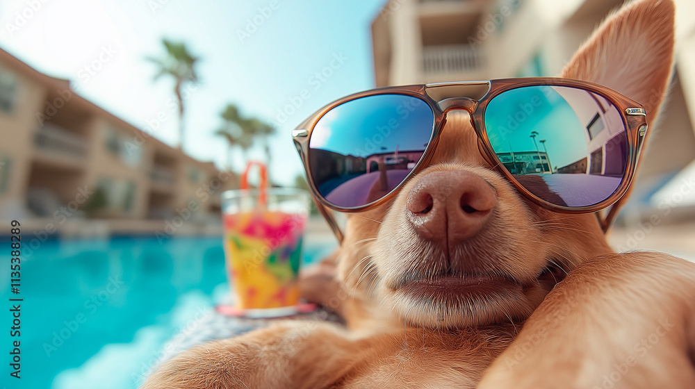 A dog wearing stylish aviator sunglasses, lounging on a poolside chaise. A dog wearing stylish aviator sunglasses, lounging on a poolside chaise.
