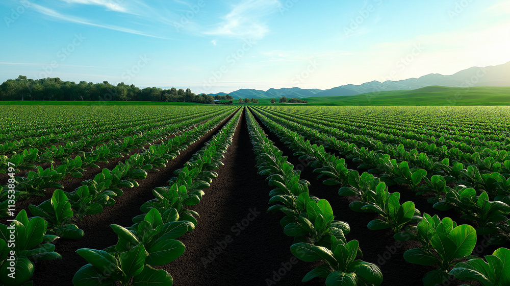 Fototapeta premium A rural farm with rows of green vegetables growing under clear skies. 