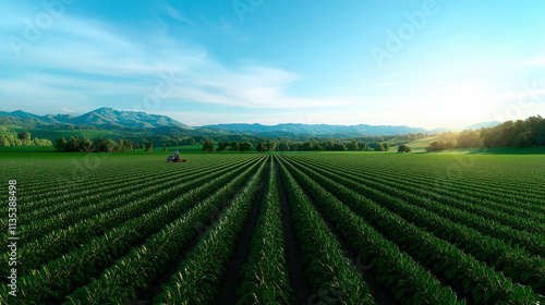 A rural farm with rows of green vegetables growing under clear skies. 