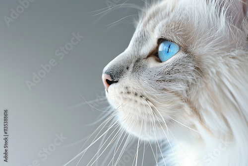 winter cat portrait, close-up of serene norwegian forest cat with striking blue eyes, set against a snowy backdrop photo