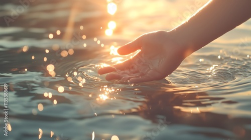 Hand touching river water at sunset, horizontal, suitable for wellness retreats, spiritual journeys, meditation programs and nature connection experiences