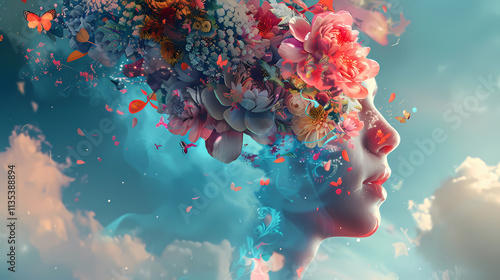 Floral Mind: A surreal and vibrant portrait of a woman whose head is adorned with a profusion of blooming flowers, butterflies, and swirling colors against a dreamy sky. This image evokes creativity.