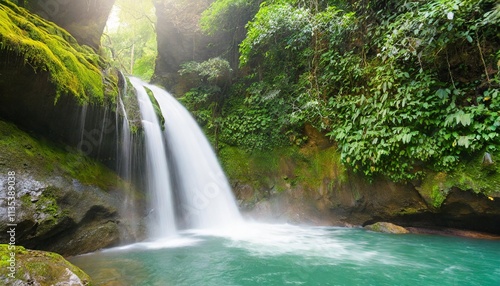 Majestic Waterfall Hidden Within Moss-Covered Cliffs in Lush Tropical Valley