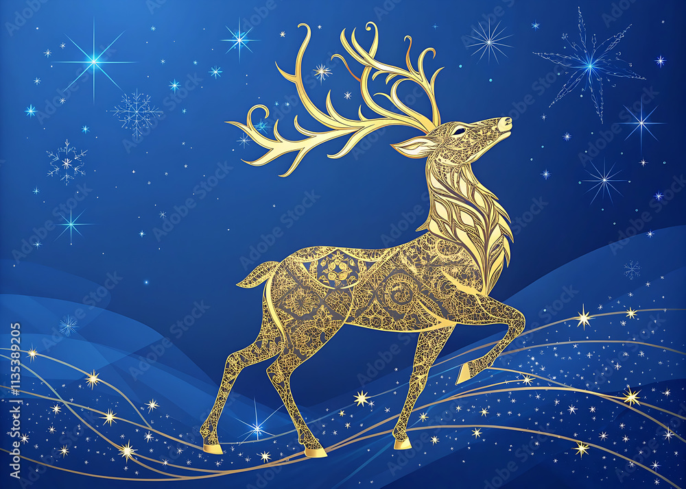Christmas - Magic Golden Deer In Shiny Blue Background Christmas - Magic Golden Deer In Shiny Blue Background