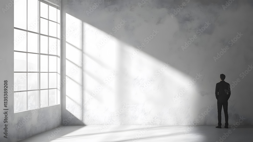 Fototapeta premium A blank interior space with a window and a man.