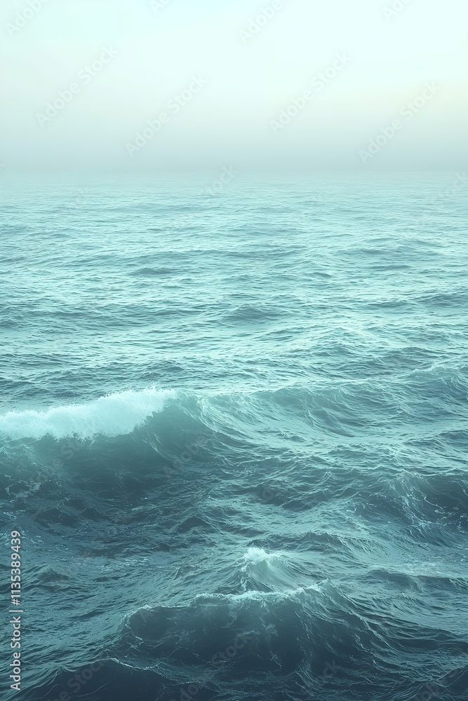 Fototapeta premium A serene view of gentle ocean waves under a soft, hazy sky, creating a calm and peaceful atmosphere.