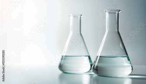 Two Erlenmeyer flasks filled with clear liquid sit on white surface. Minimalist laboratory scene. Clear glassware, liquid create simple science still life. Light, shadow enhance transparent glass.