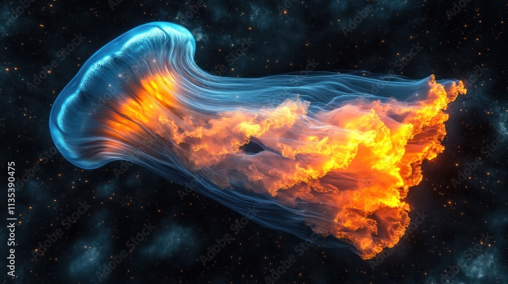 Obraz premium Jellyfish with fiery orange interior swimming in dark space.