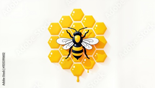 Honeycomb pattern features bee logo icon. Honey drips from honeycomb. Illustration represents agriculture, sustainability. Eco friendly design. Great for marketing eco products. Beekeeping, photo