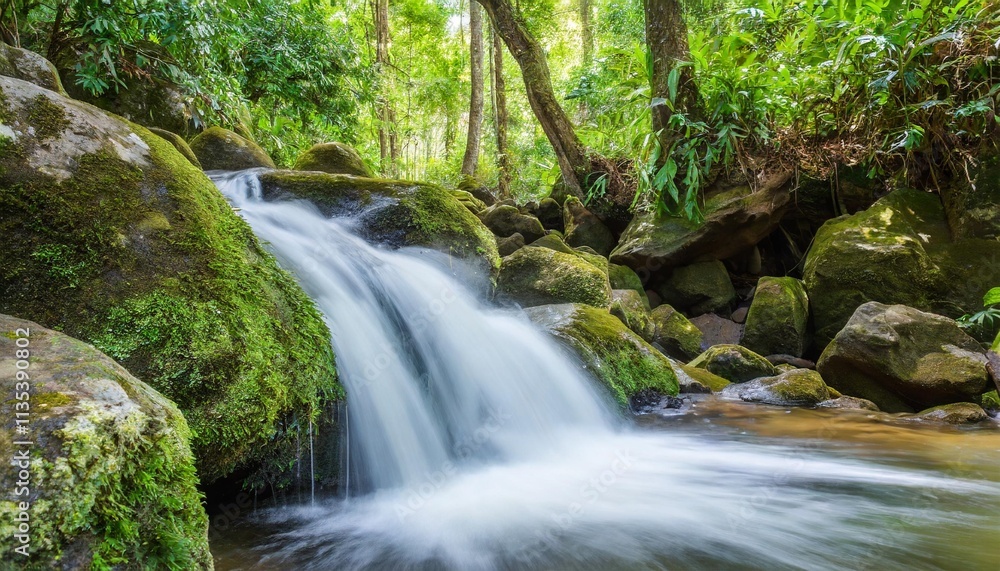 Flowing Waterfall Cascading Over Mossy Rocks in a Shaded Tropical Forest Flowing Waterfall Cascading Over Mossy Rocks in a Shaded Tropical Forest