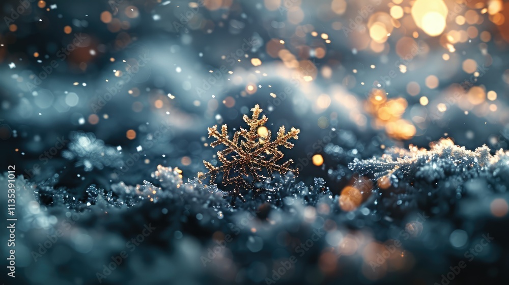 A delicate snowflake rests on a blanket of snow, illuminated by soft, warm lights. A delicate snowflake rests on a blanket of snow, illuminated by soft, warm lights.