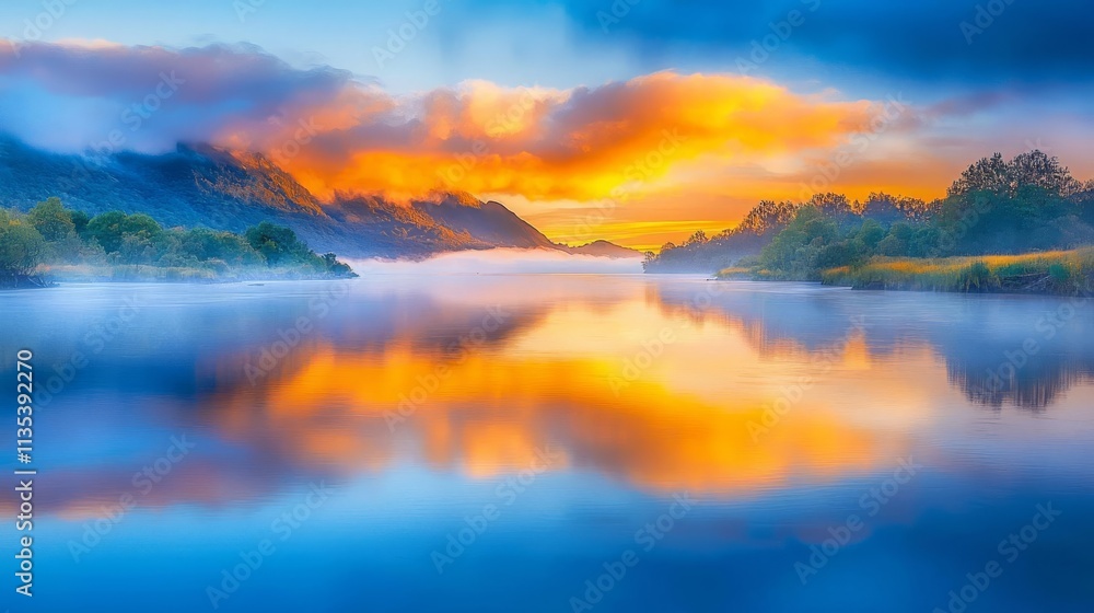Fototapeta premium Sunset Reflection Over Calm Lake Nature Scene Landscape Photography Tranquil Environment Aesthetic Viewpoint