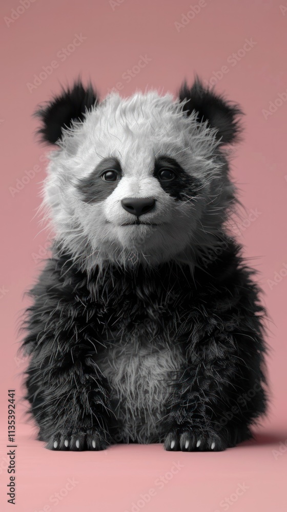 Closeup portrait of a cute and fluffy panda bear sitting in a pink studio backdrop The panda has a soft plush and cuddly appearance looking innocent and curious This image is perfect for wildlife Closeup portrait of a cute and fluffy panda bear sitting in a pink studio backdrop The panda has a soft plush and cuddly appearance looking innocent and curious This image is perfect for wildlife