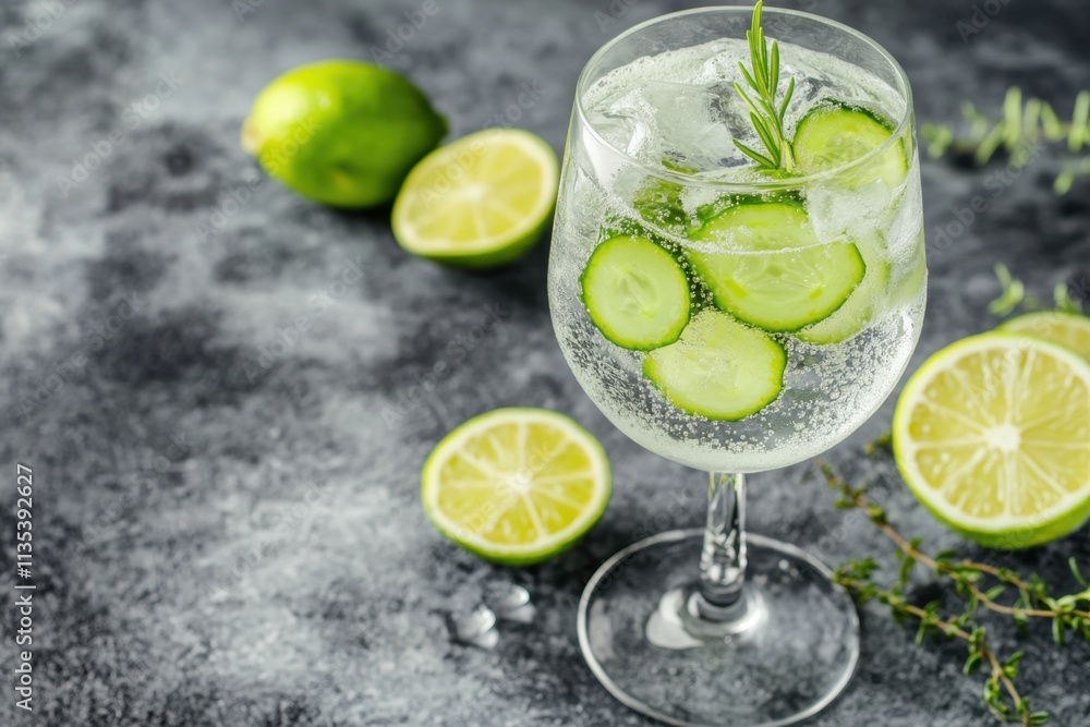 A gin and tonic served in a misted glass on a weathered background garnished with lime cucumber and juniper providing a copy space image A gin and tonic served in a misted glass on a weathered background garnished with lime cucumber and juniper providing a copy space image