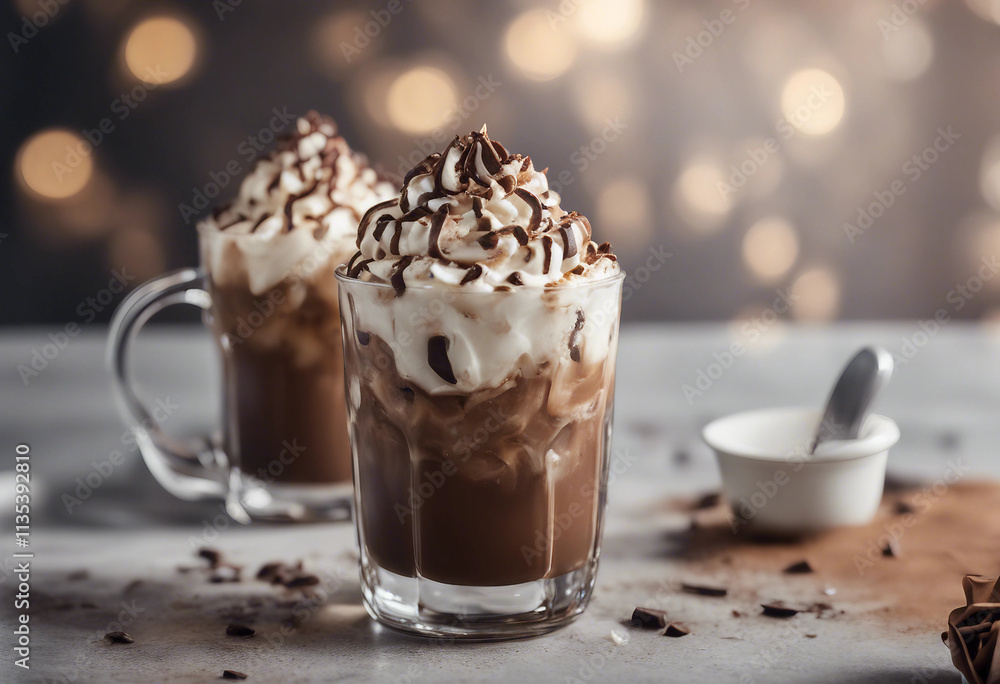 A refreshing iced mocha with whipped cream and chocolate shavings A refreshing iced mocha with whipped cream and chocolate shavings