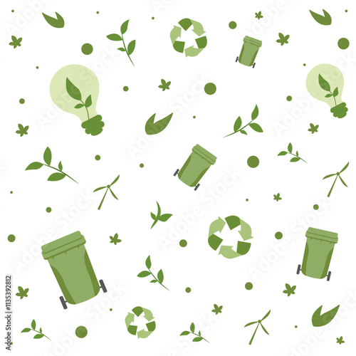 Pattern showcasing recycling symbols, green trash bins, and plants on a white background
