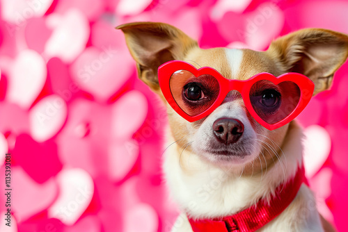 Cute chihuahua dog wearing heart-shaped glasses with red background for valentine's love theme photo