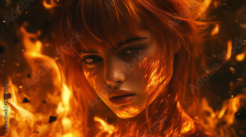 Wallpaper Mural A fiery-haired girl surrounded by flames, her skin glowing like molten lava with embers swirling around Torontodigital.ca