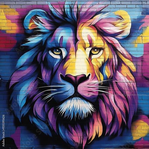 Vibrant lion mural urban street art colorful graffiti city environment close-up view artistic expression for seo impact photo