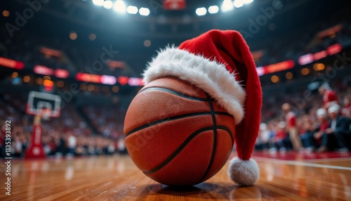 Basketball with Santa hat on wooden court with crowd in background.Holiday spirit. Sportsmanship. Festive cheer. sports, Christmas, basketball, marketing, gift cards, greeting cards, celebration, holi