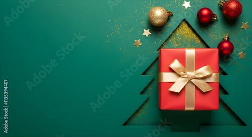 Christmas Day concept. Top view photo of big present box green red baubles gold star ornament pine cone mistletoe berries snow and fir branches on isolated green background