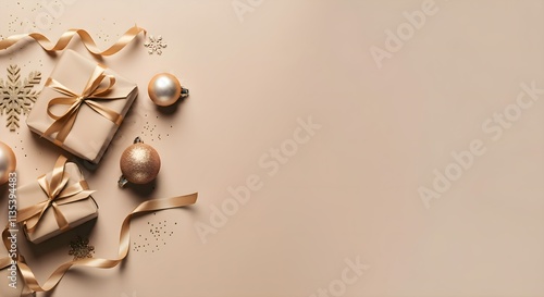 Creative frame made of Christmas fir branches, gift boxes, red decoration, sparkles and confetti on white background. Xmas and New Year holiday, bokeh, light. Flat lay, top view