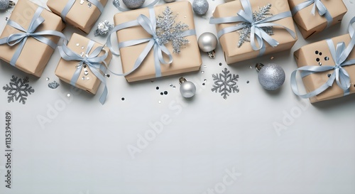 Christmas gifts presents on light background. Simple, classic white wrapped gift boxes with ribbon bows horizontal top border.