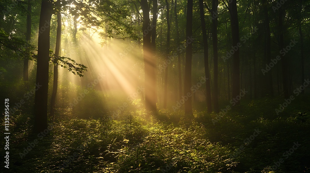 Sunlight beams through a misty forest. Concept of serenity, nature, and tranquility.