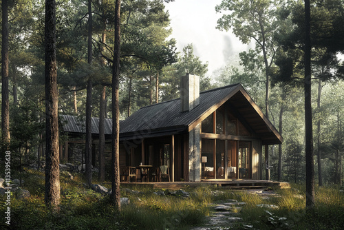 Modern wooden cabin surrounded by trees in a serene forest setting