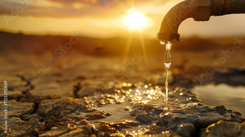 Last Drops of Hope: A single trickle of water flows from a rusty tap against a backdrop of cracked earth and a setting sun, symbolizing scarcity and the urgent need for water conservation. 