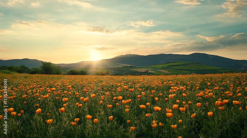 Fototapeta premium Golden Sunset over a Field of Poppies. Nature, Beauty, Tranquility