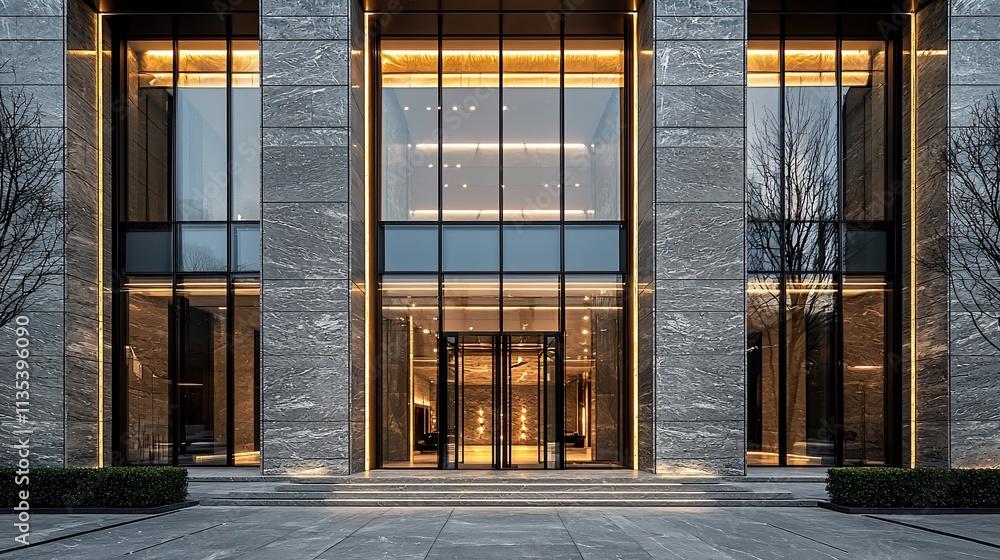 Modern building entrance with glass and stone facade at night. Modern building entrance with glass and stone facade at night.