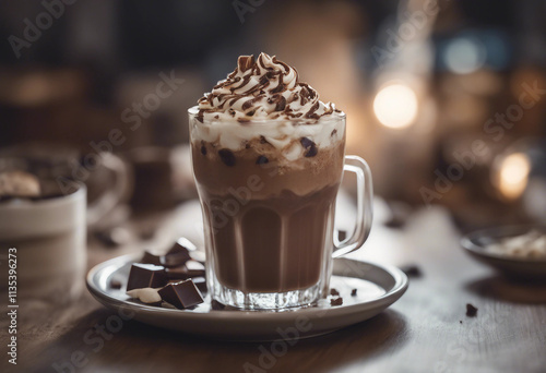 A refreshing iced mocha with whipped cream and chocolate shavings